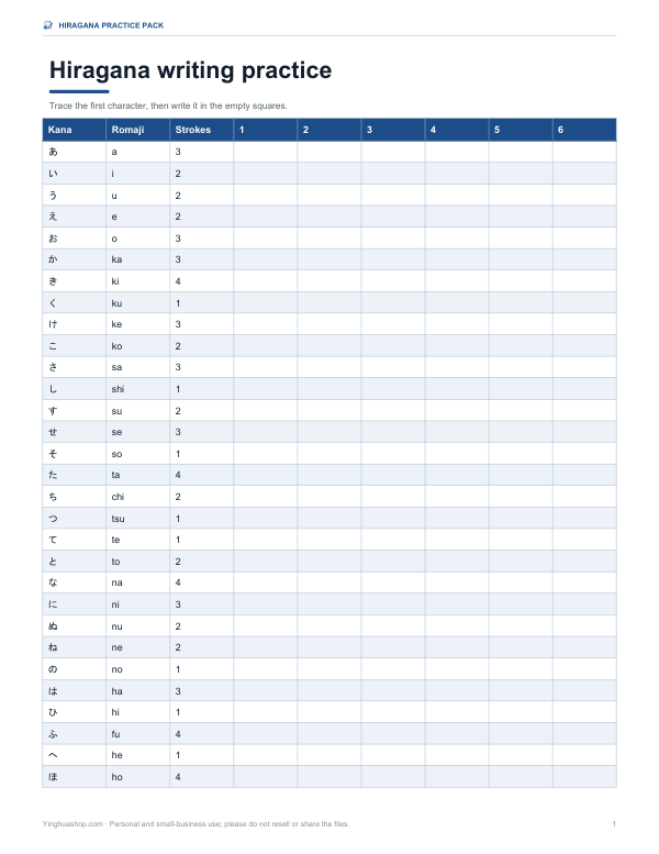 Preview of Printable Hiragana Writing Practice Sheet